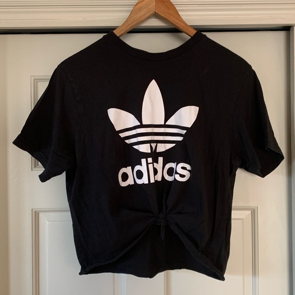 adidas Tops - Adidas crop top w/ tie front black/white Sz:L